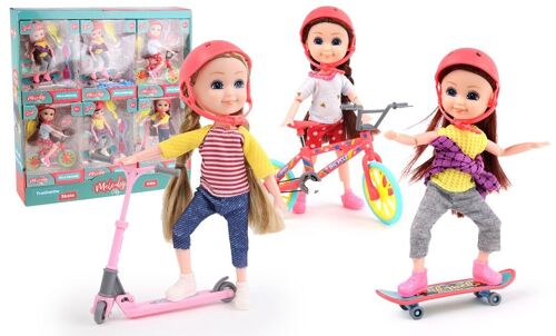 MELODY - Mini Poupée Riders - Melody City - Poupée Mannequin - 071222 - Modele Aléatoire - Plastique - Figurine - Doll - Jouet Enfant - Anniversaire - Trotinette - Skateboard - Vélo - À Partir de 3 ans