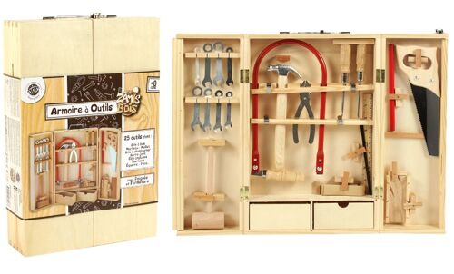 PLANÈTE BOIS - Armoire à Outils En Bois Avec De Vrais Outils - FSC - 098927 - 25 Pièces - Beige - Bois - Jeu Pour Enfant - Montessori - Motricité - Bricolage - 26 cm x 40 cm - À Partir de 8 Ans