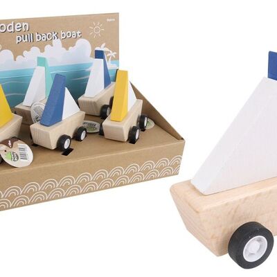 PLANÈTE BOIS - Bateau À Voile À Rétro Friction - FSC - 030198 - 1 pièce - Couleur Aléatoire - Bois - Jeu Pour Enfant - Récréation - 8 cm x 5 cm - À Partir de 18 Mois