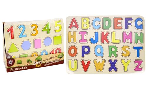 PLANÈTE BOIS - Puzzle Alphabet Ou Chiffres - FSC - Jeu Educatif - Première Réflexions - 052464 - 26 Pièces - Modèle Aléatoire - Bois - Jeu Pour Enfant - 30 cm x 22,5 cm - À Partir de 2 Ans