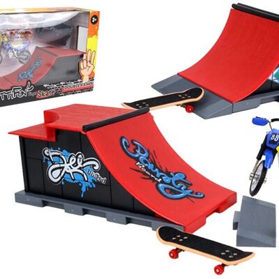 TROTTIFUN - Set 2 Finger Skates, Une Double Rampe et 1 Moto - 031460 - Métal et Plastique - Skateboard - Doigt - Jouet Enfant - Anniversaire - Cadeau - Planche à Roulette - À Partir de 3 ans