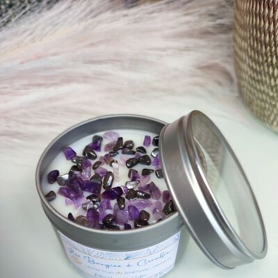 Duftkerze „Loslassen“ mit lila und grauem Halbedelstein, Hämatit-Amethyst, Naturkerze, Weihnachtsgeschenk