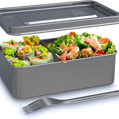 Umami Lunchbox – Bento-Lunchbox aus Edelstahl, inklusive Gabel, mikrowellen- und spülmaschinenfest, auslaufsichere Edelstahlbox, Edelstahl mit herausnehmbarer Trennwand, elegantes Design (950 ml)