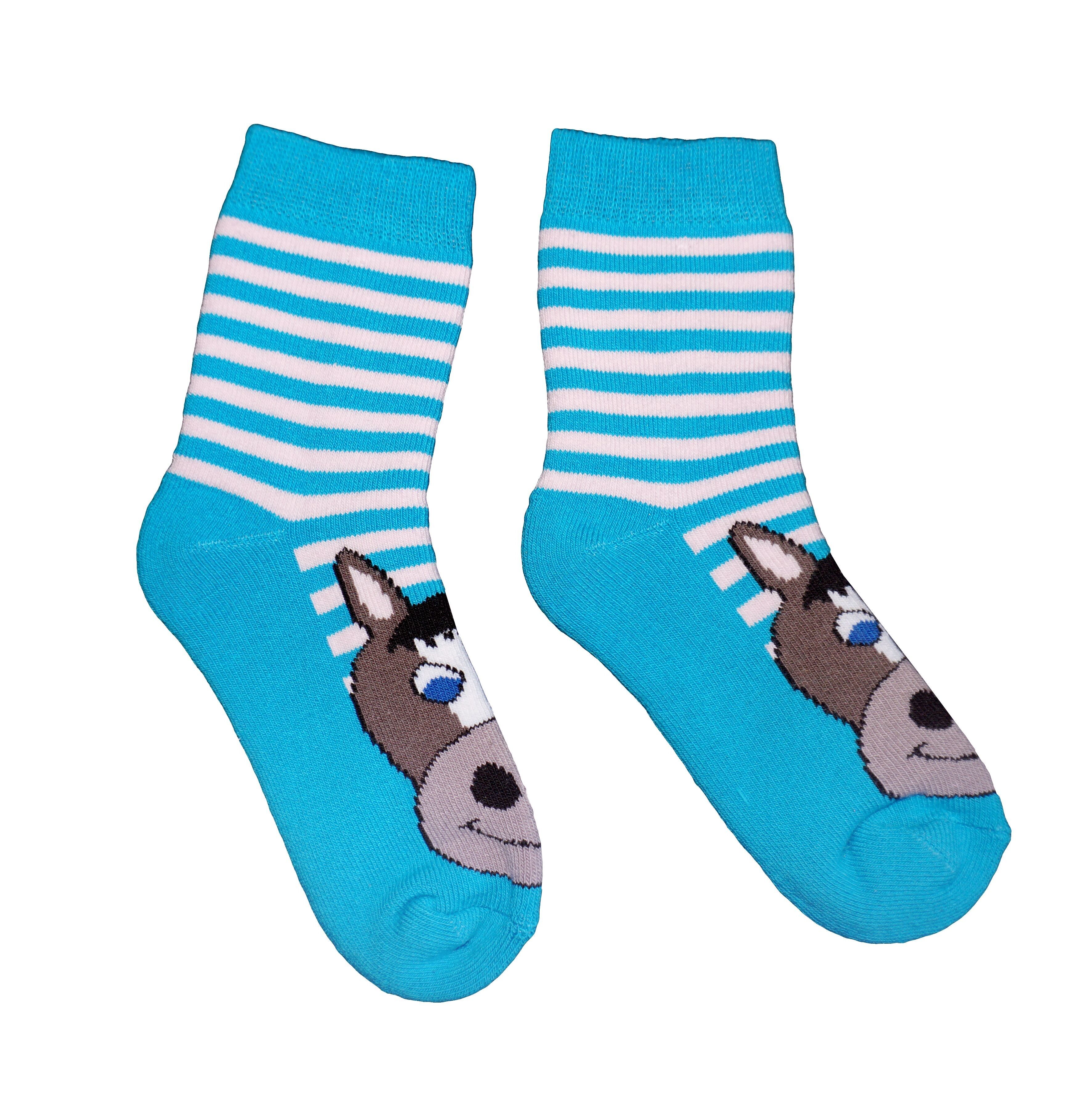 Plüsch Frottee Socken für Kinder >>Lulu das Pferd: Mittelblau<< Hochwertige Kinder Baumwoll Plüsch Socken