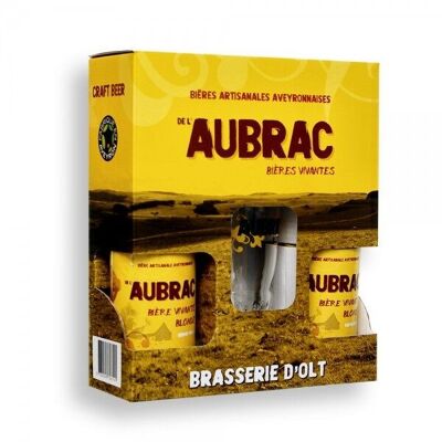 Schachtel mit 2 Flaschen Bières de l'Aubrac 33 cl + 1 Aubrac-Glas
