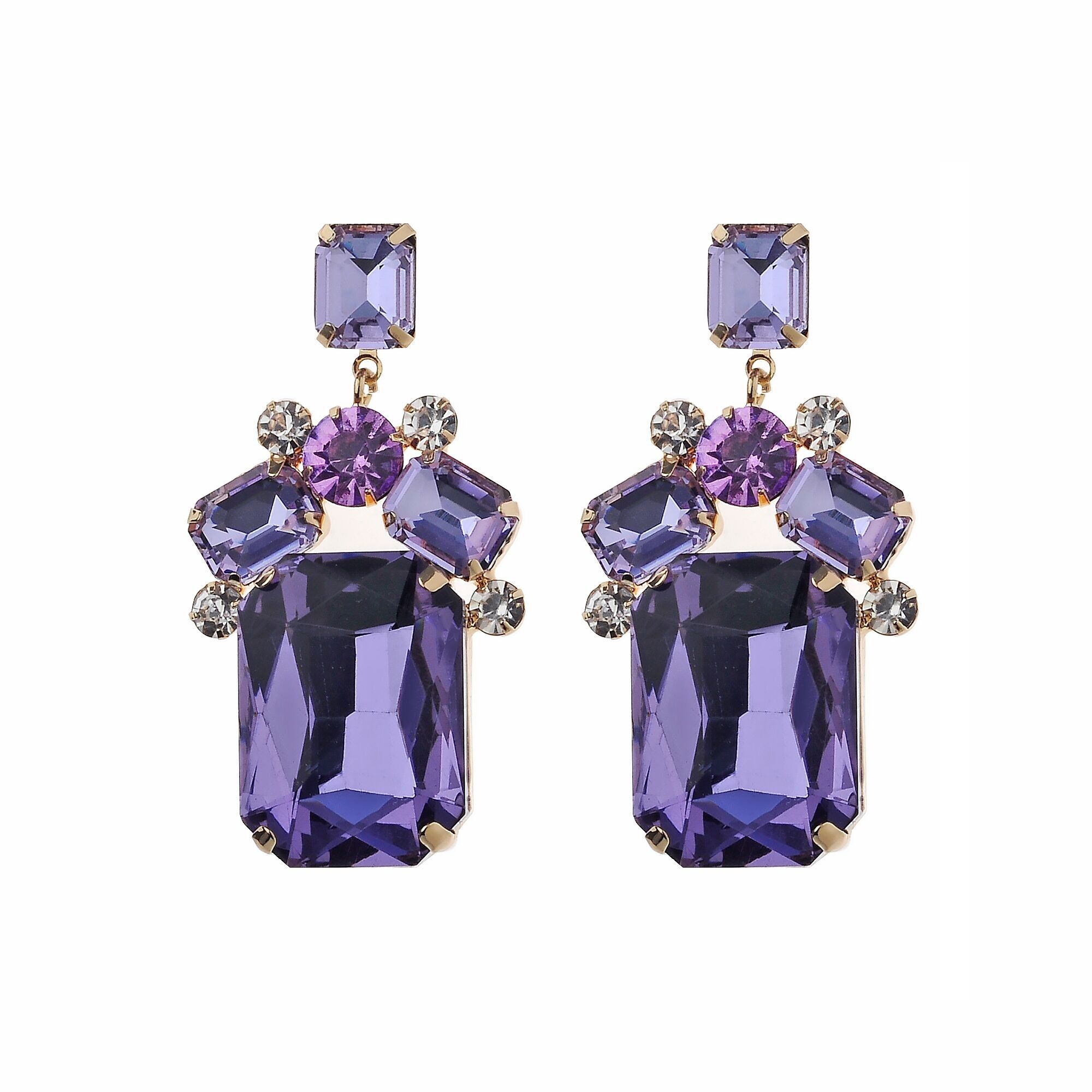 Luxuriöser vergoldeter Amethyst Fusion-Ohrring mit lila rechteckigem Glastropfen