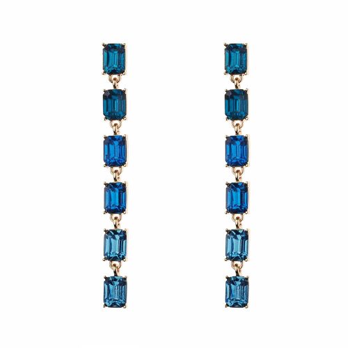 Gold Plating Post Earring With Blue Square Glass Dangle Drop
