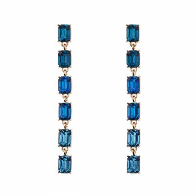 Gold Plating Post Earring With Blue Square Glass Dangle Drop