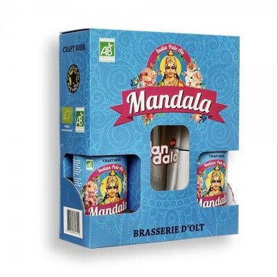 Schachtel mit 2 Mandala IPA Bio-Bierflaschen 33 cl + 1 Mandala-Glas