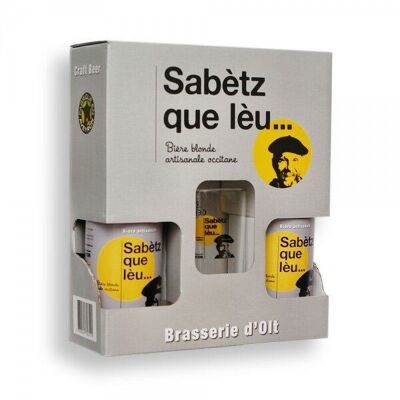 Schachtel mit 2 Flaschen Sabetz que Lèu-Bieren 33 cl + 1 Sabetz que Lèu-Glas