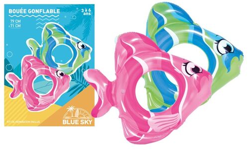 BLUE SKY - Bouée Poisson - Gonflable - 069304 - Couleur Aléatoire - Plastique - 23 cm de Diametre - Jouet Enfant - Jeu de Plein Air - Piscine - À Partir de 3 ans