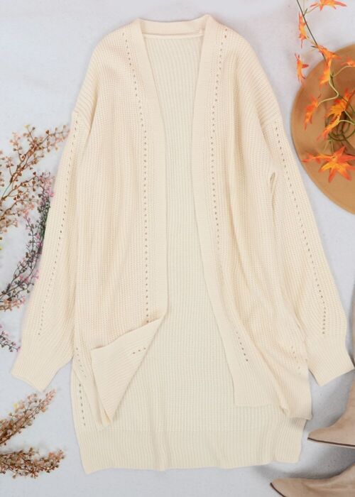 Solid Color Eyelet Detail Cardigan-White