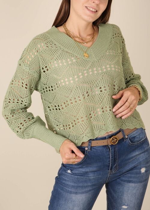 Solid Crochet Knit Semi-Sheer V-Neck Sweater-Green