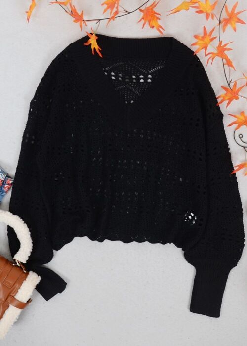 Solid Crochet Knit Semi-Sheer V-Neck Sweater-Black