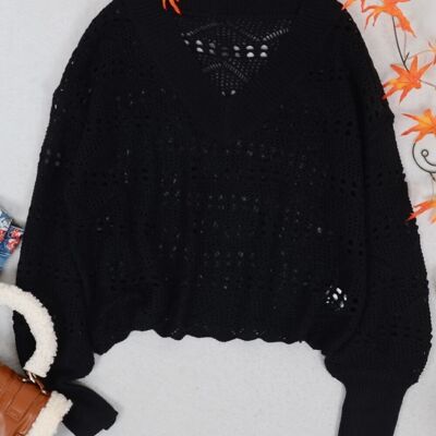 Solid Crochet Knit Semi-Sheer V-Neck Sweater-Black