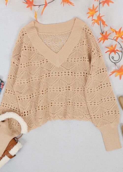 Solid Crochet Knit Semi-Sheer V-Neck Sweater-Khaki