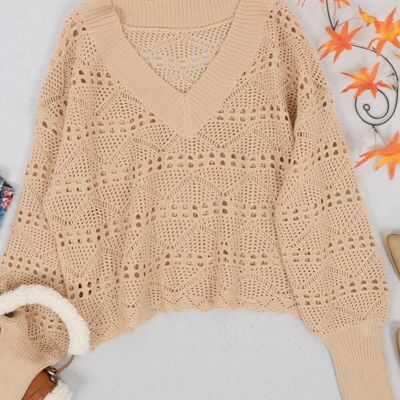 Solid Crochet Knit Semi-Sheer V-Neck Sweater-Khaki