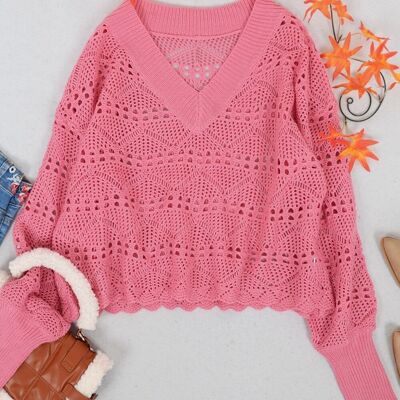 Suéter semitransparente con cuello en V de punto de crochet sólido-Oro rosa