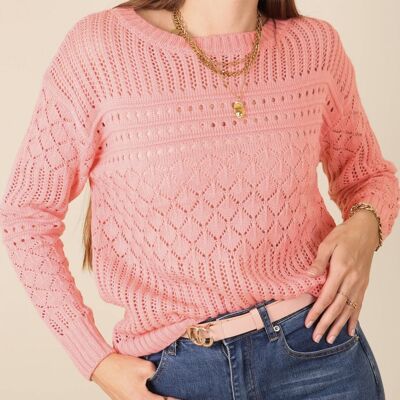 Strukturierter Häkelstrick-Klassiker-Pullover – Rosa