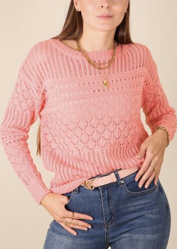 Pull classique en tricot texturé au crochet-rose 1