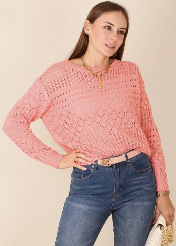 Pull classique en tricot texturé au crochet-rose 3