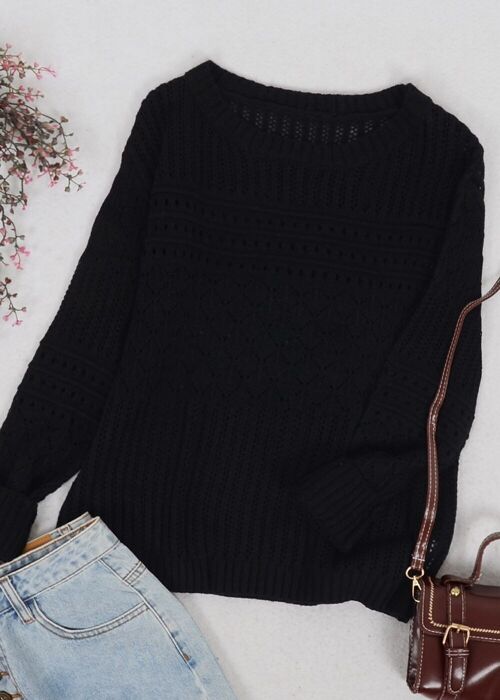 Textured Crochet Knit Classic Sweater-Black