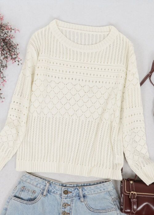 Textured Crochet Knit Classic Sweater-White
