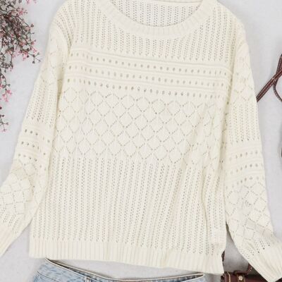Pull classique en tricot texturé au crochet-blanc