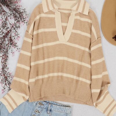 Classic Striped Collared Sweater-Khaki