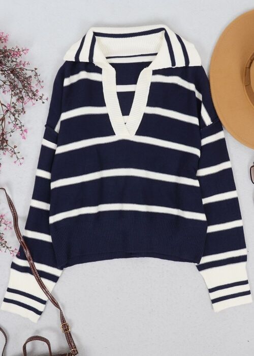 Classic Striped Collared Sweater-Navy