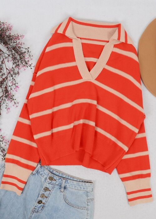 Classic Striped Collared Sweater-Orange