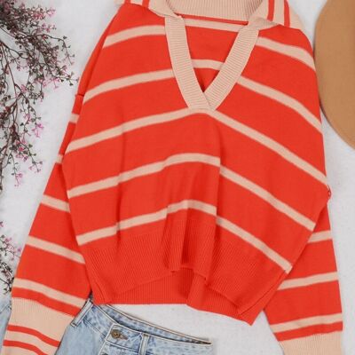 Classic Striped Collared Sweater-Orange