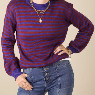 Horizontal Striped Knitted Round Collar Sweater-Blue
