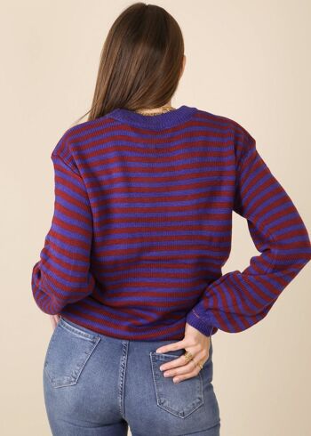 Pull à col rond tricoté à rayures horizontales-Bleu 5
