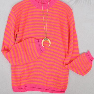 Horizontal Striped Knitted Round Collar Sweater-Rose Gold