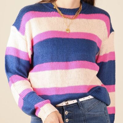 Striped Color Block Knitted Round Neck Sweater-Blue