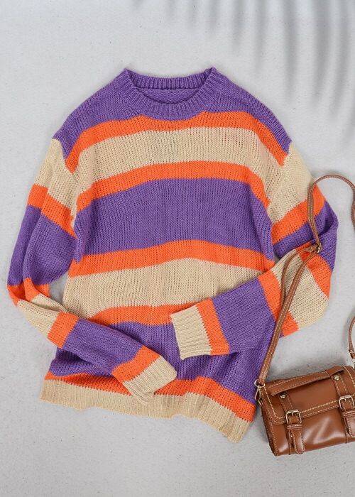 Striped Color Block Knitted Round Neck Sweater-Purple