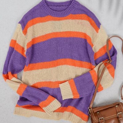 Pull rayé à col rond tricoté en bloc de couleur-Violet