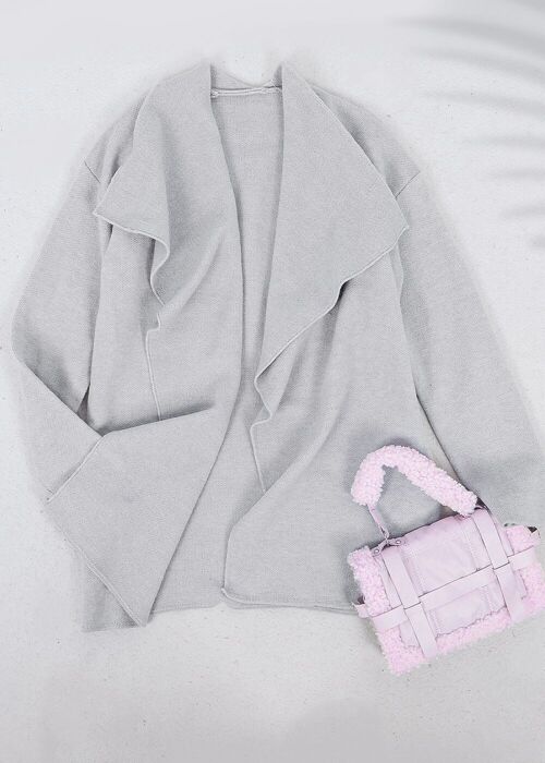 Open Front Wide Lapel Waterfall Relaxed Cardi-Gray