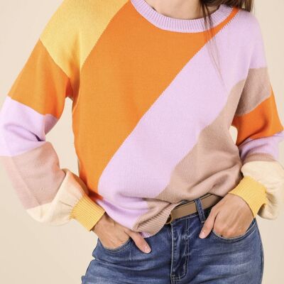 Multicolor Block Round Neck Sweater-Orange