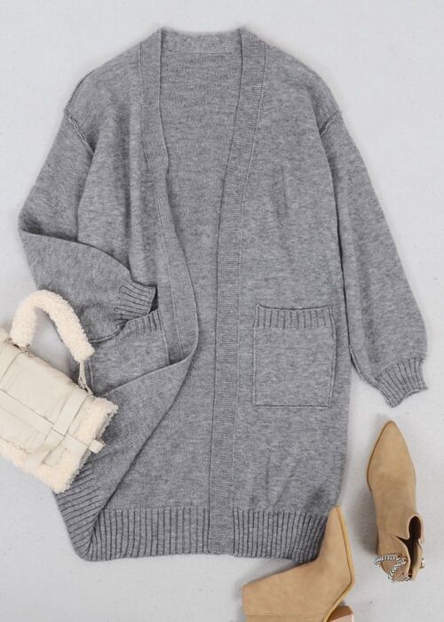 Long Sleeve Overcoat Sweater Open Front Cardi-Gray
