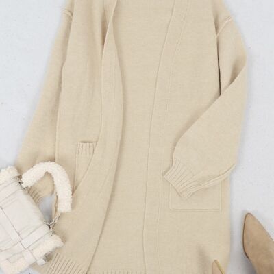 Long Sleeve Overcoat Sweater Open Front Cardi-Beige