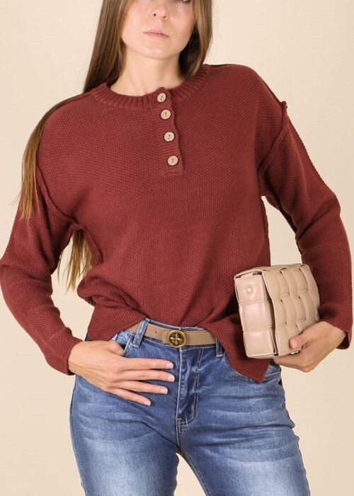 Soft Ribbed Knit Half Button Up Sweater-Burgundy