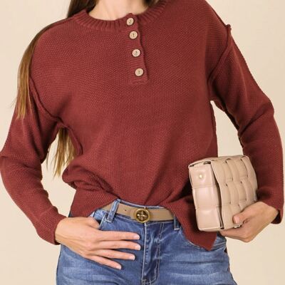Soft Ribbed Knit Half Button Up Sweater-Burgundy