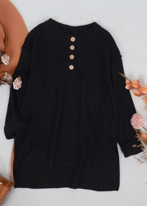Soft Ribbed Knit Half Button Up Sweater-Black