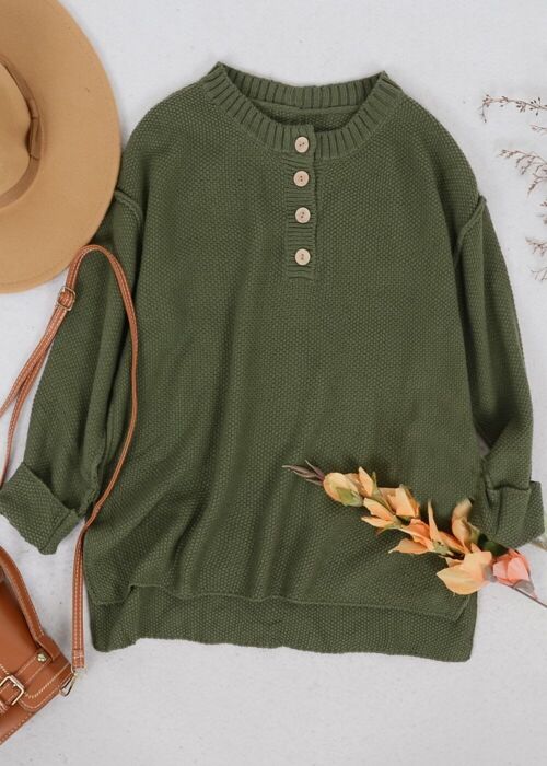 Soft Ribbed Knit Half Button Up Sweater-Green