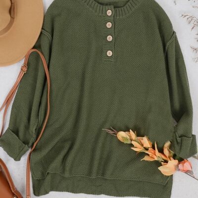 Soft Ribbed Knit Half Button Up Sweater-Green