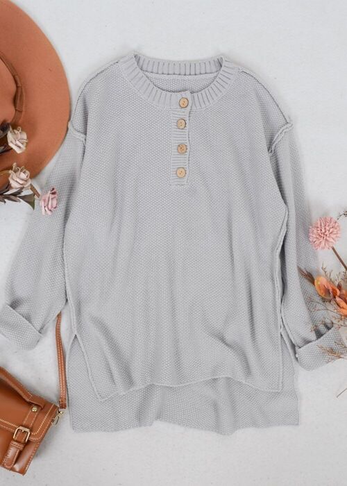 Soft Ribbed Knit Half Button Up Sweater-Gray