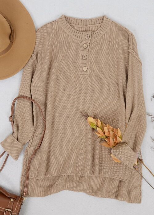Soft Ribbed Knit Half Button Up Sweater-Brown