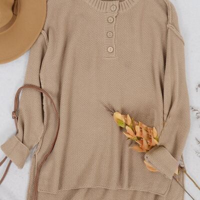 Soft Ribbed Knit Half Button Up Sweater-Brown